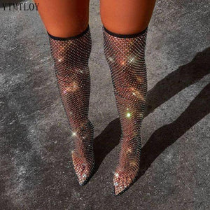 BOTA DE SALTO FEMININA CANO LONGO TECIDO ELÁSTICO MODELO ELEGANT